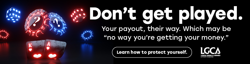 Neon red and blue poker chips and dice sit on a black background. Copy reads, "Don't get played. Your payout, their way. Which may be, "no way you're getting your money. Learn how to protect yourself."